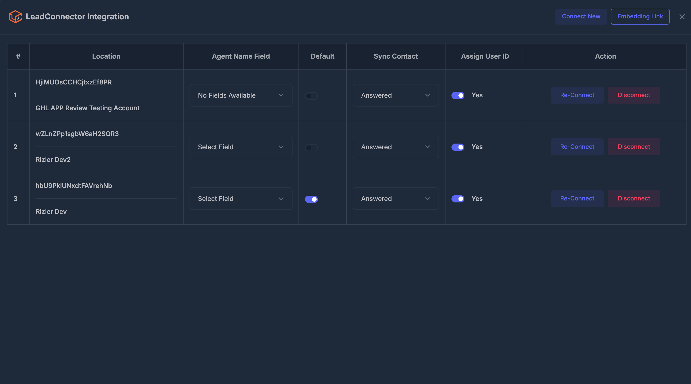 LeadConnector Integration window showing connected locations, sync settings, and action buttons