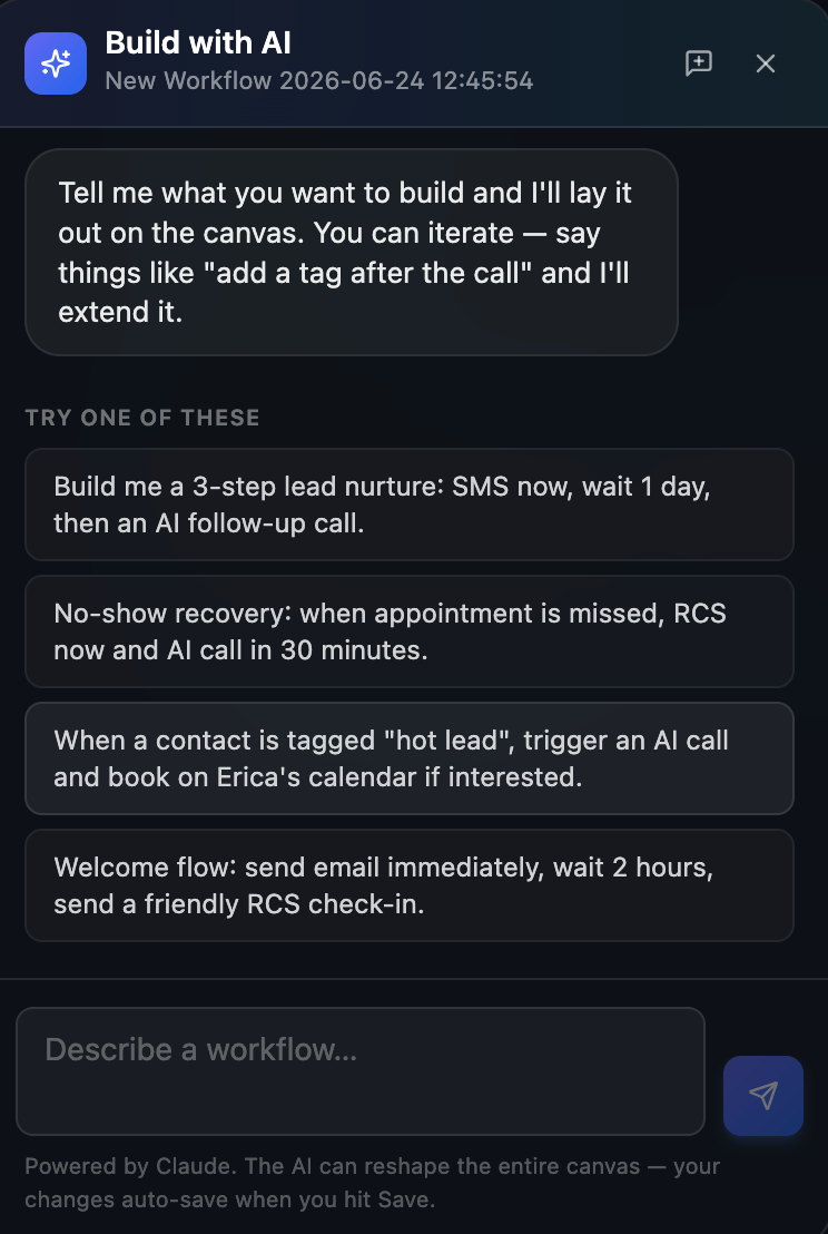 Build with AI modal with example prompts and a Describe a workflow input
