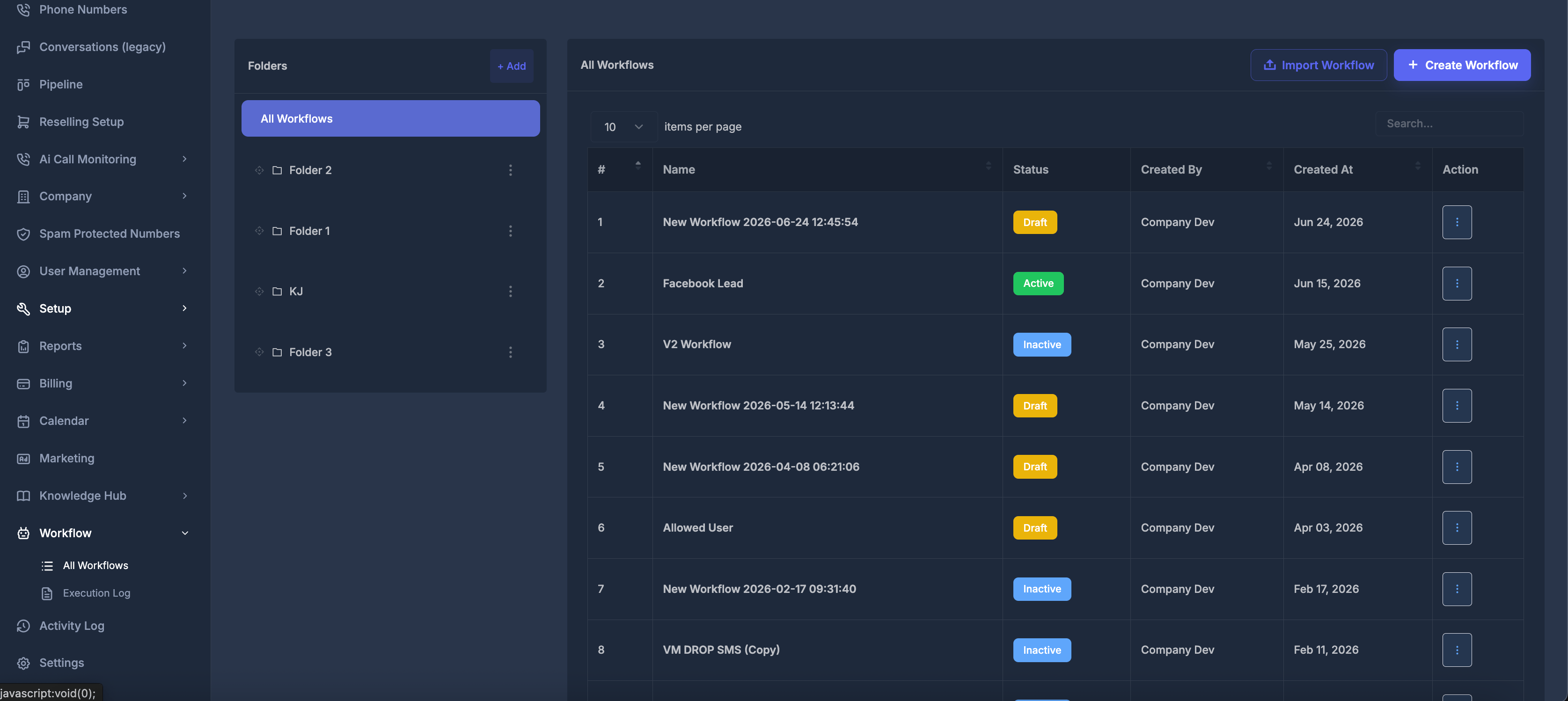 Workflows page with Folders panel on the left and All Workflows table on the right