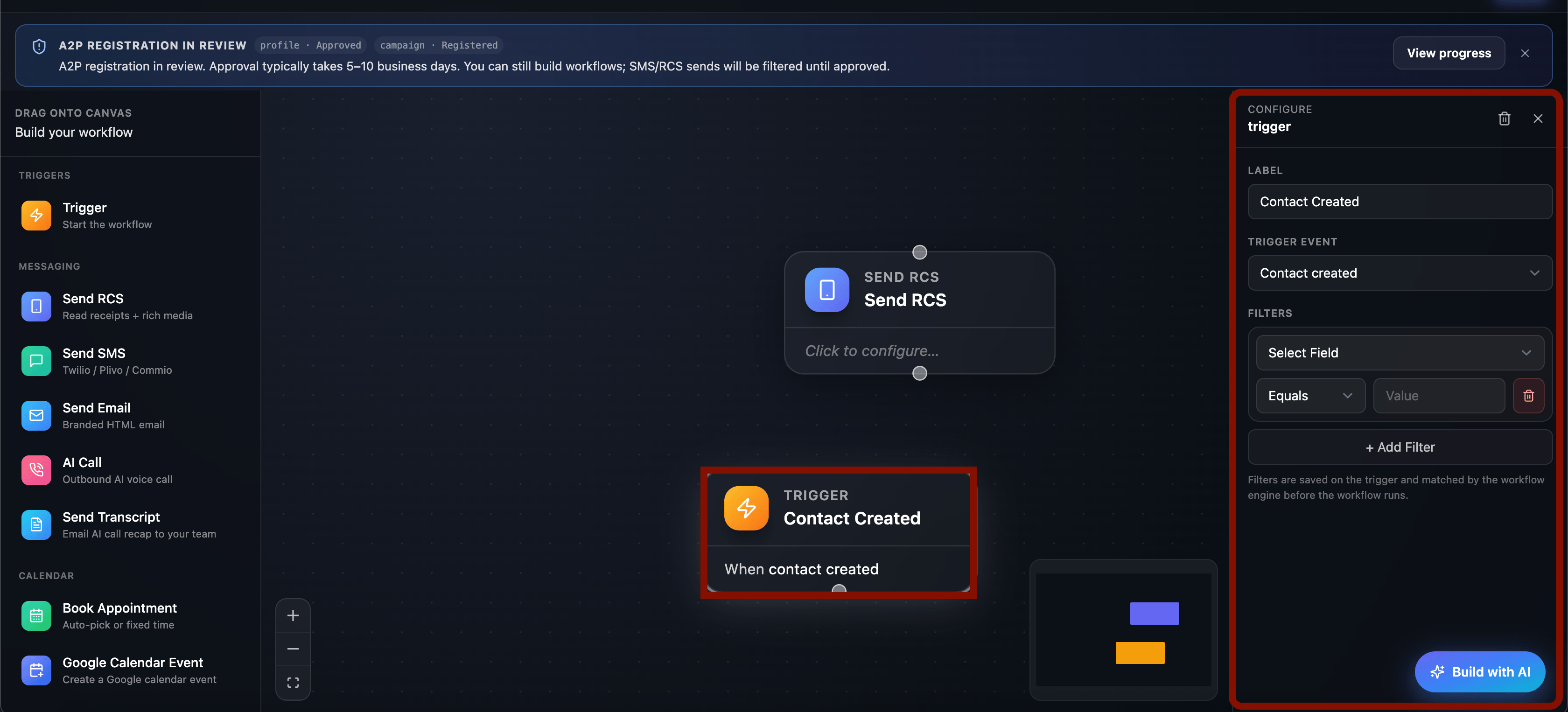 Workflow Builder with Contact Created trigger selected and configuration panel open