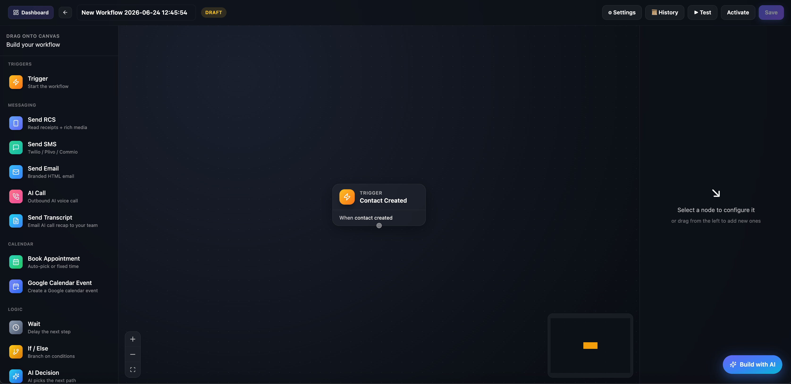 Workflow Builder canvas with trigger and action blocks, sidebar, and top toolbar