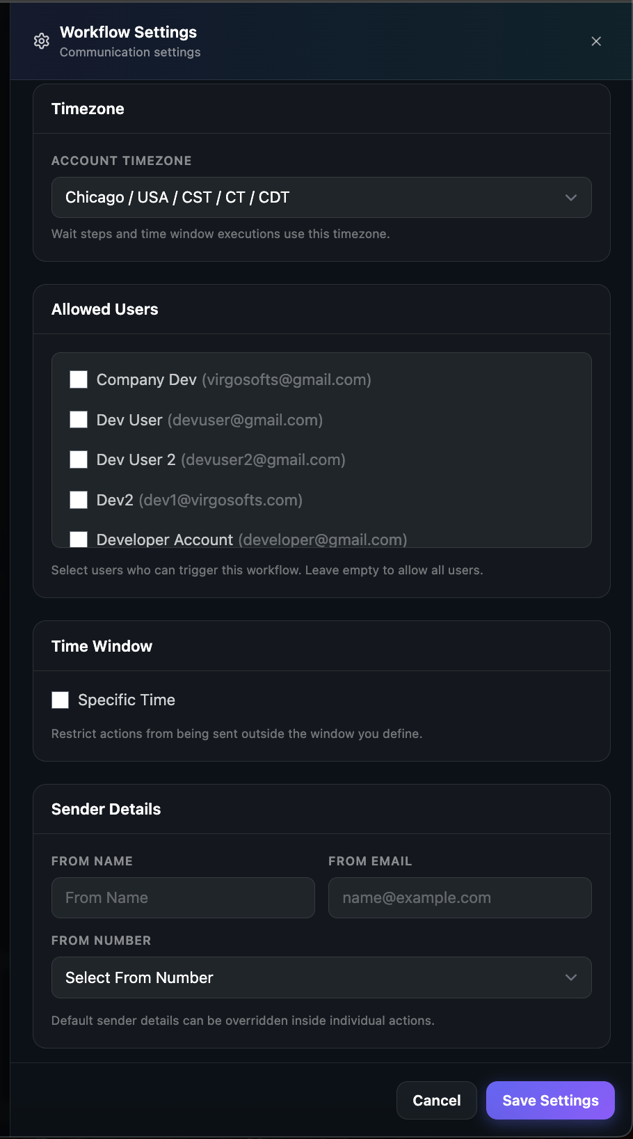 Workflow Settings modal with Timezone, Allowed Users, Time Window, and Sender Details