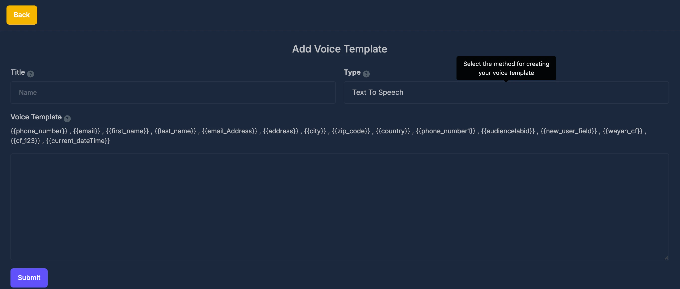 Add Voice Template form