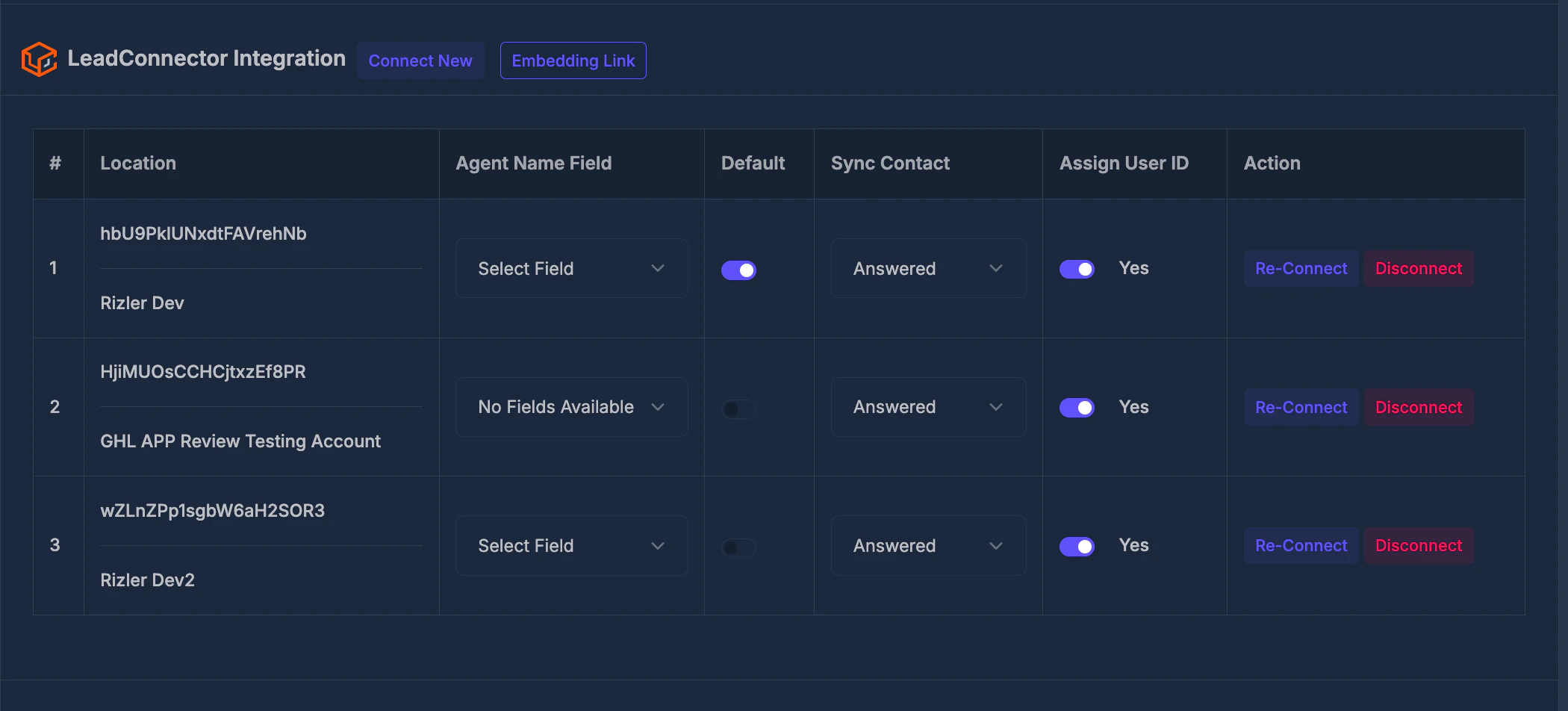 LeadConnector Integration Table