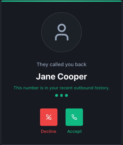 The incoming call card