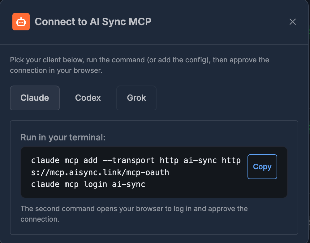 Connect to AI Sync MCP window