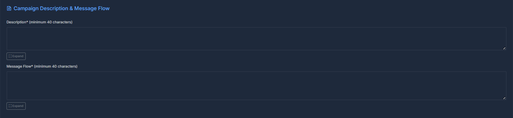 Edit 10DLC Campaign Form - Description and message flow section
