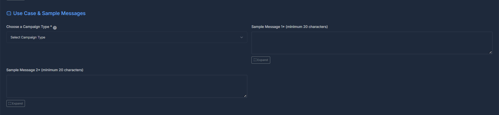 Edit 10DLC Campaign Form - Use case and sample messages section