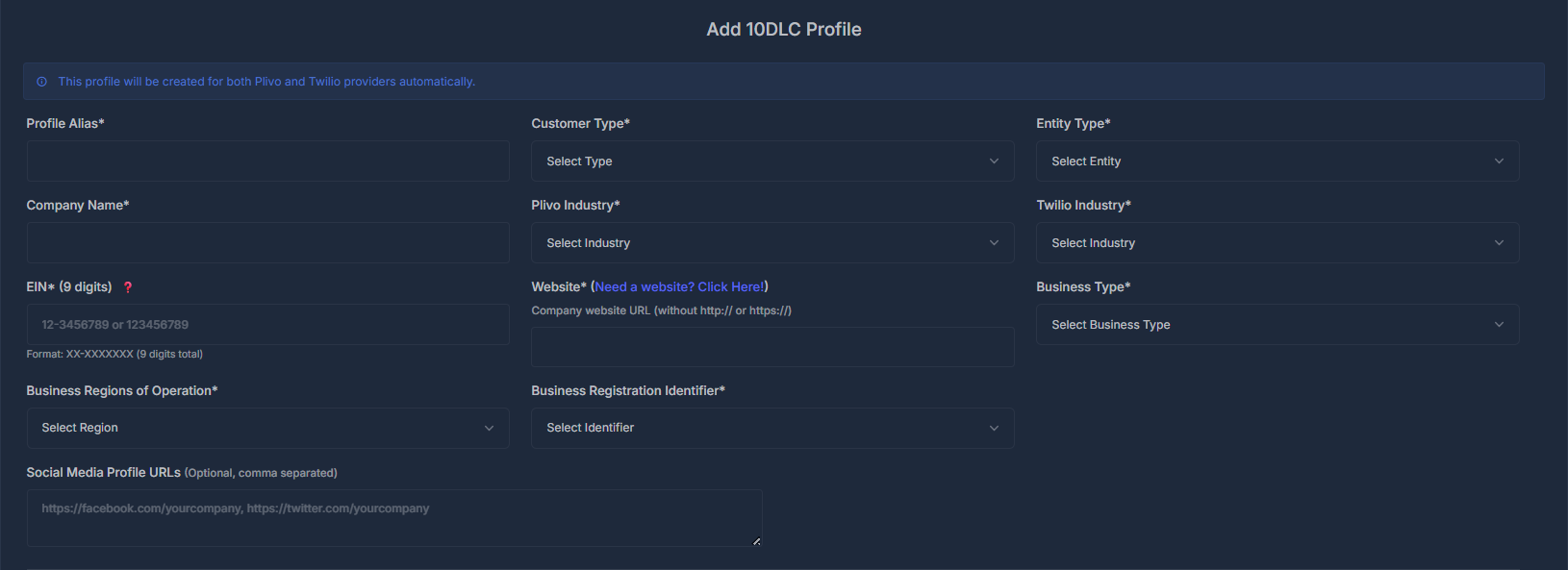 Add 10DLC Profile Form