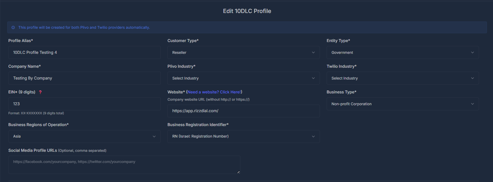 Edit 10DLC Profile Form