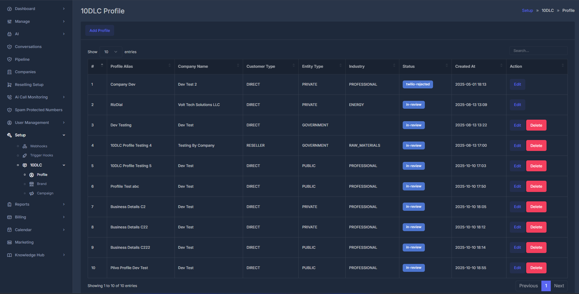 10DLC Profile Dashboard - Complete profile management interface