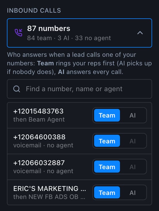 Each number set to Team or AI