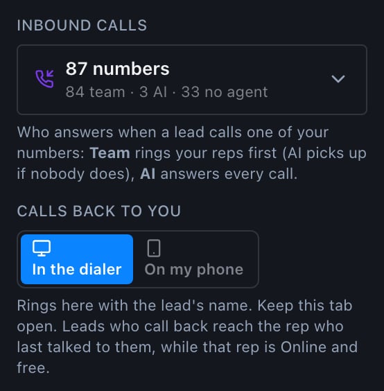 Inbound calls and Calls back to you in the dialer