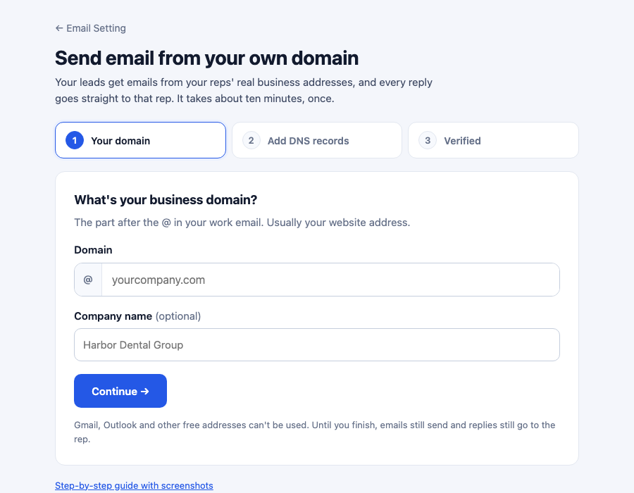 Send from your own domain page with a domain field and Continue button