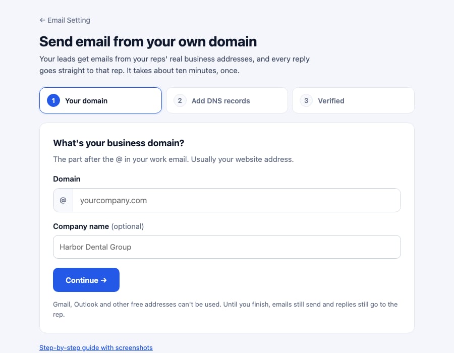 Send from your own domain page with a domain field and Continue button