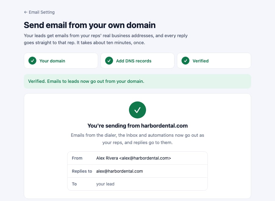 Verified badge and all DNS records showing Found