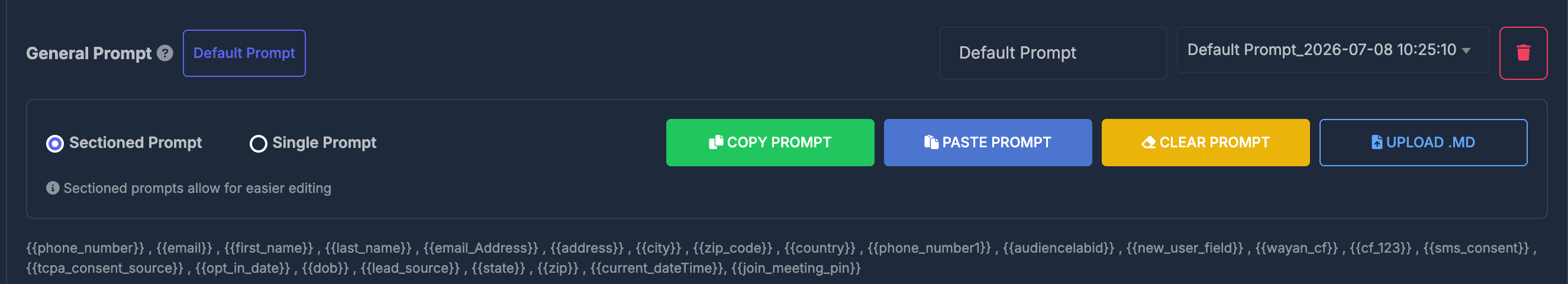 General prompt area showing prompt selection, versioning and key action buttons