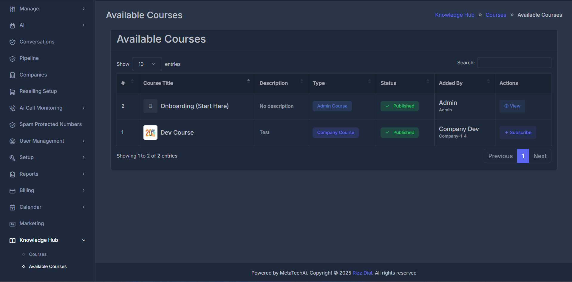 Available Courses Dashboard