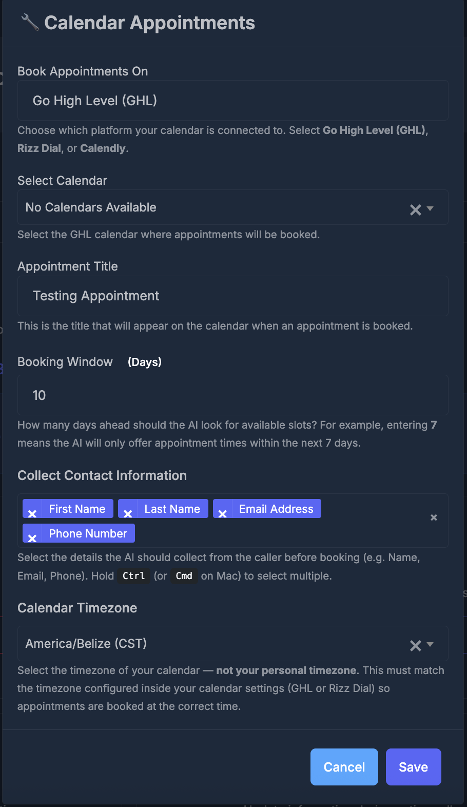 Appointment details customization, contact collection, and configuration options