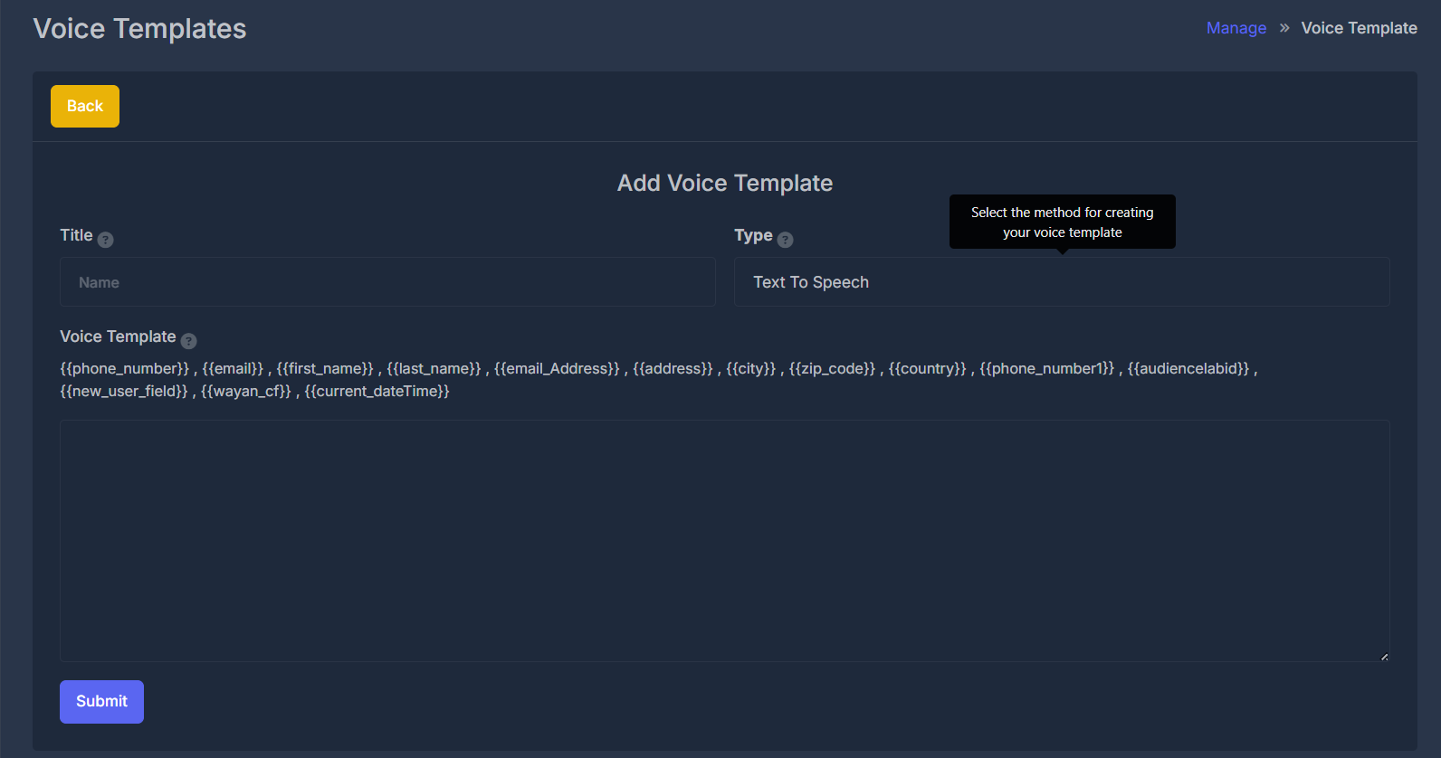 SMS Templates Interface