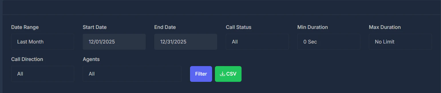 Call report filter controls