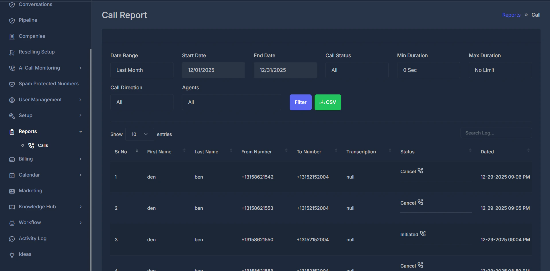 Call report table and filters