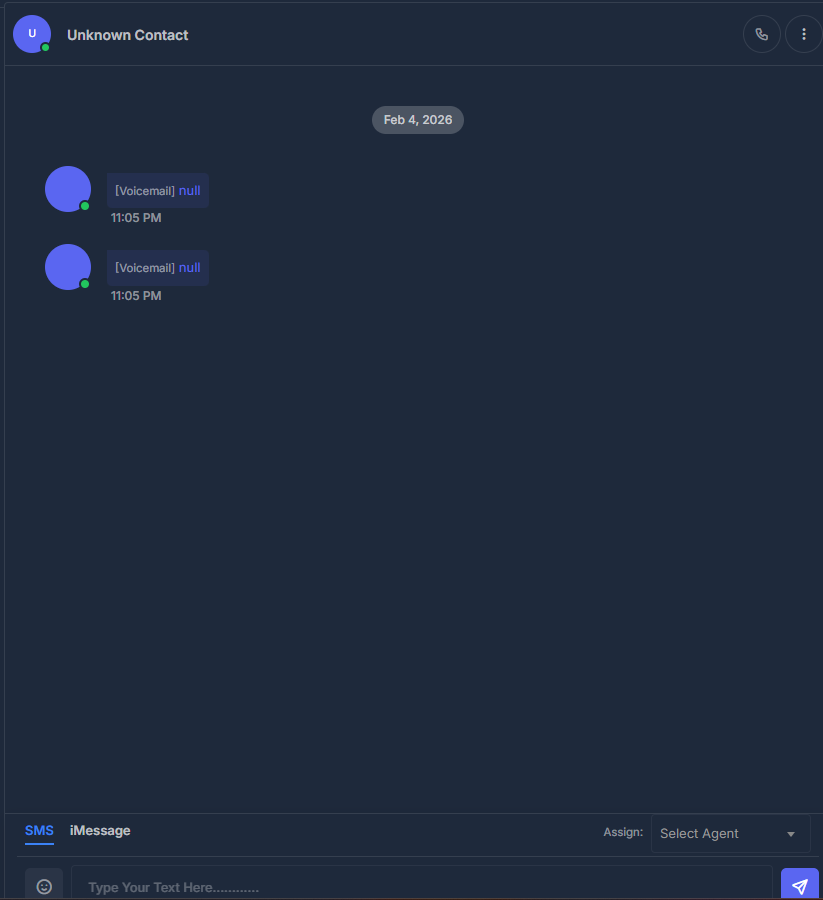 Conversations — Middle panel, message area and send options