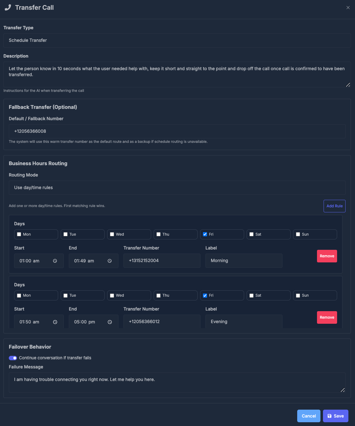 Schedule Transfer with fallback number, business hours routing rules, and failover behavior