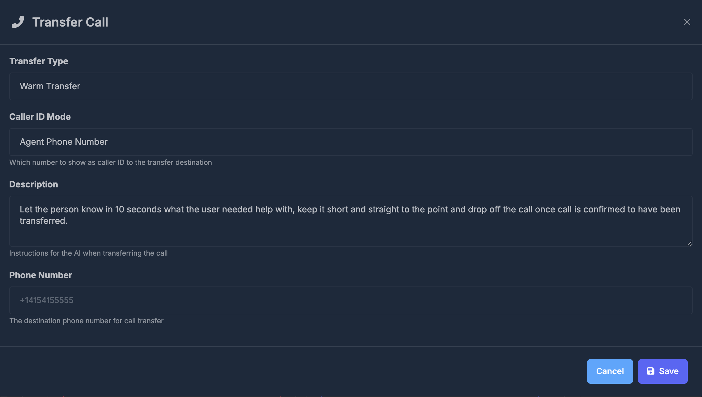 Warm Transfer with Caller ID Mode, Description, and Phone Number