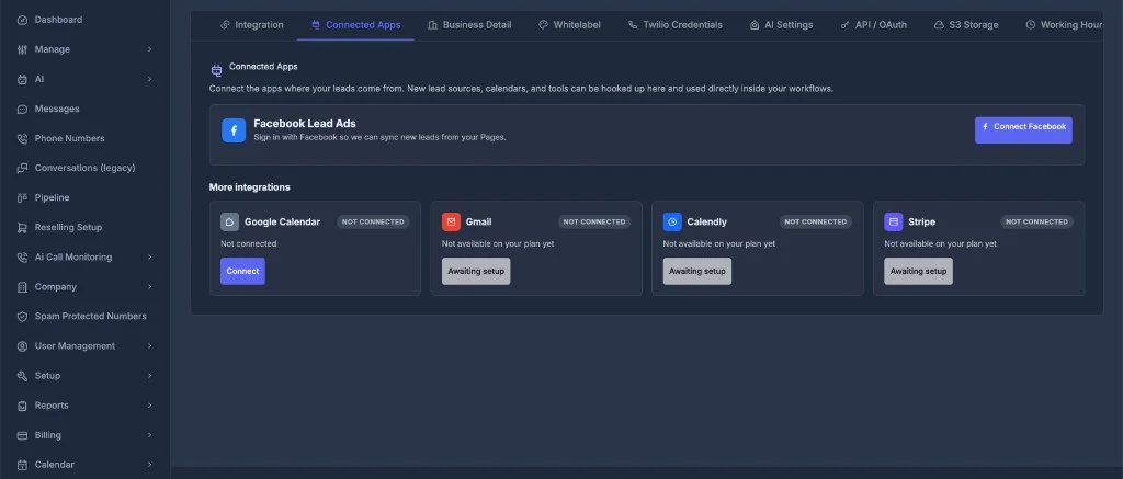 Connected Apps settings page showing Facebook Lead Ads and additional integrations