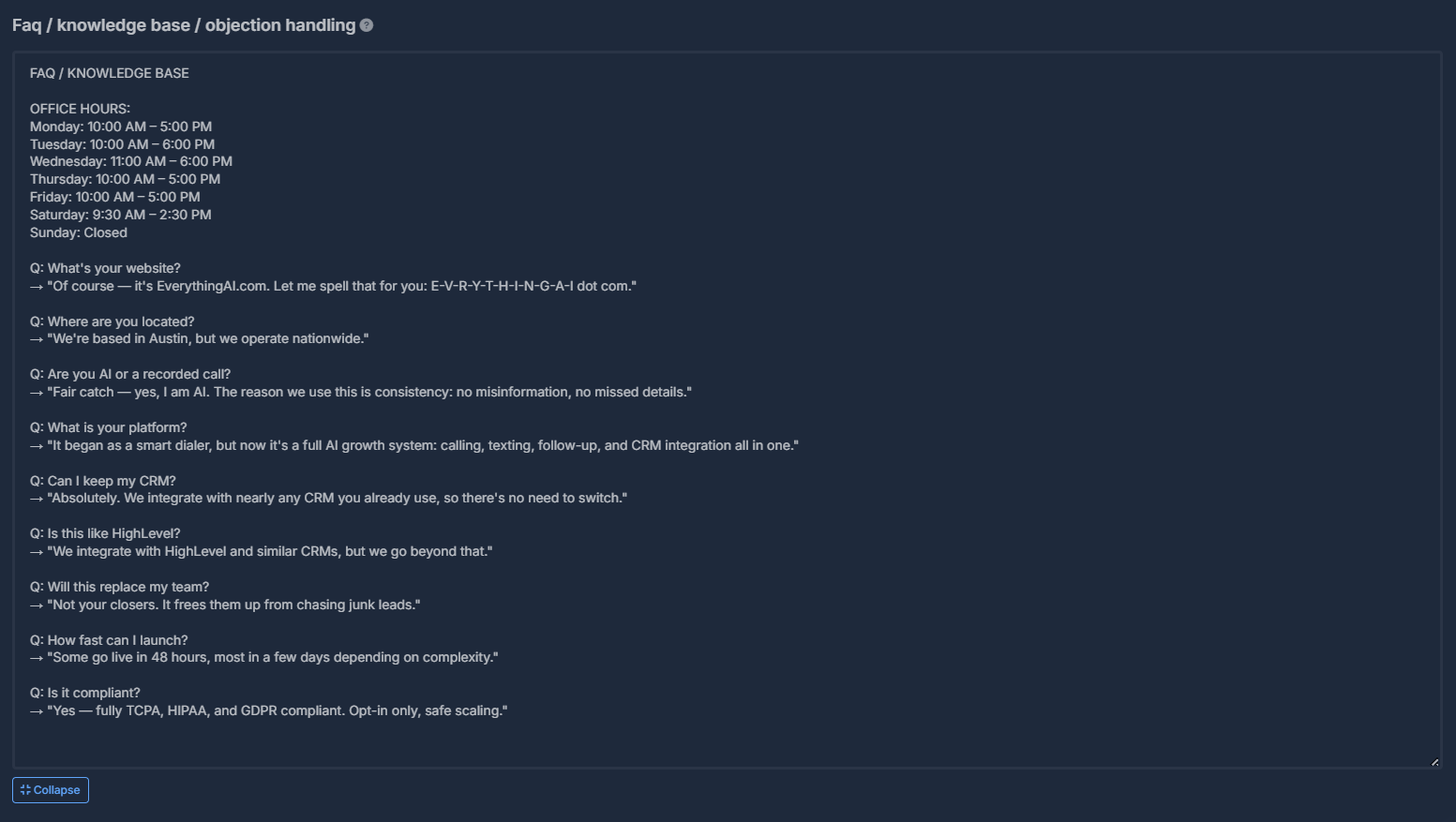 Faq knowledge base objection handling