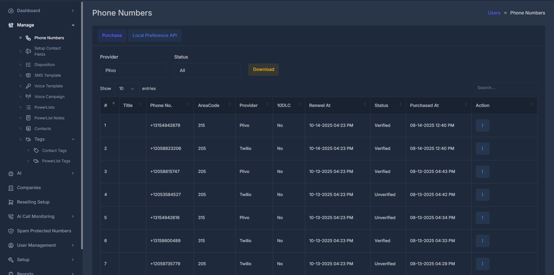 Phone Numbers Interface