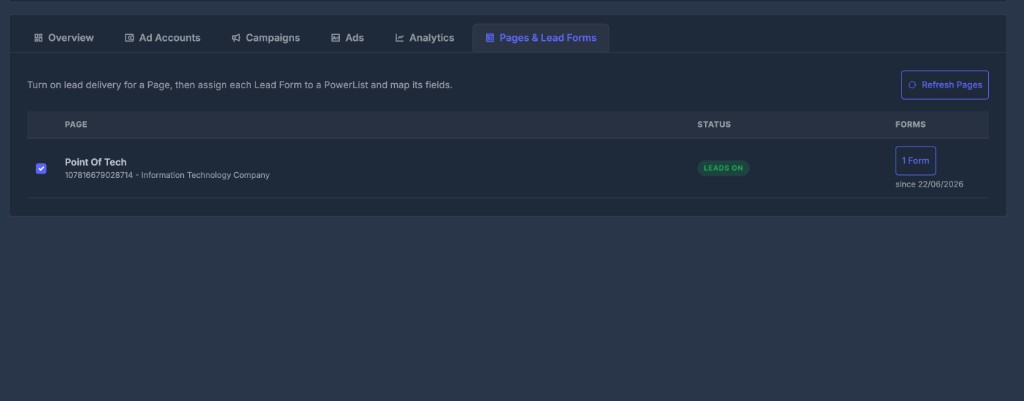 Meta Ads Pages and Lead Forms tab