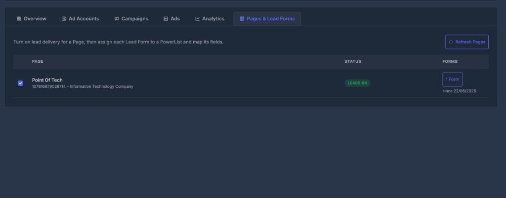 Meta Ads Pages and Lead Forms tab