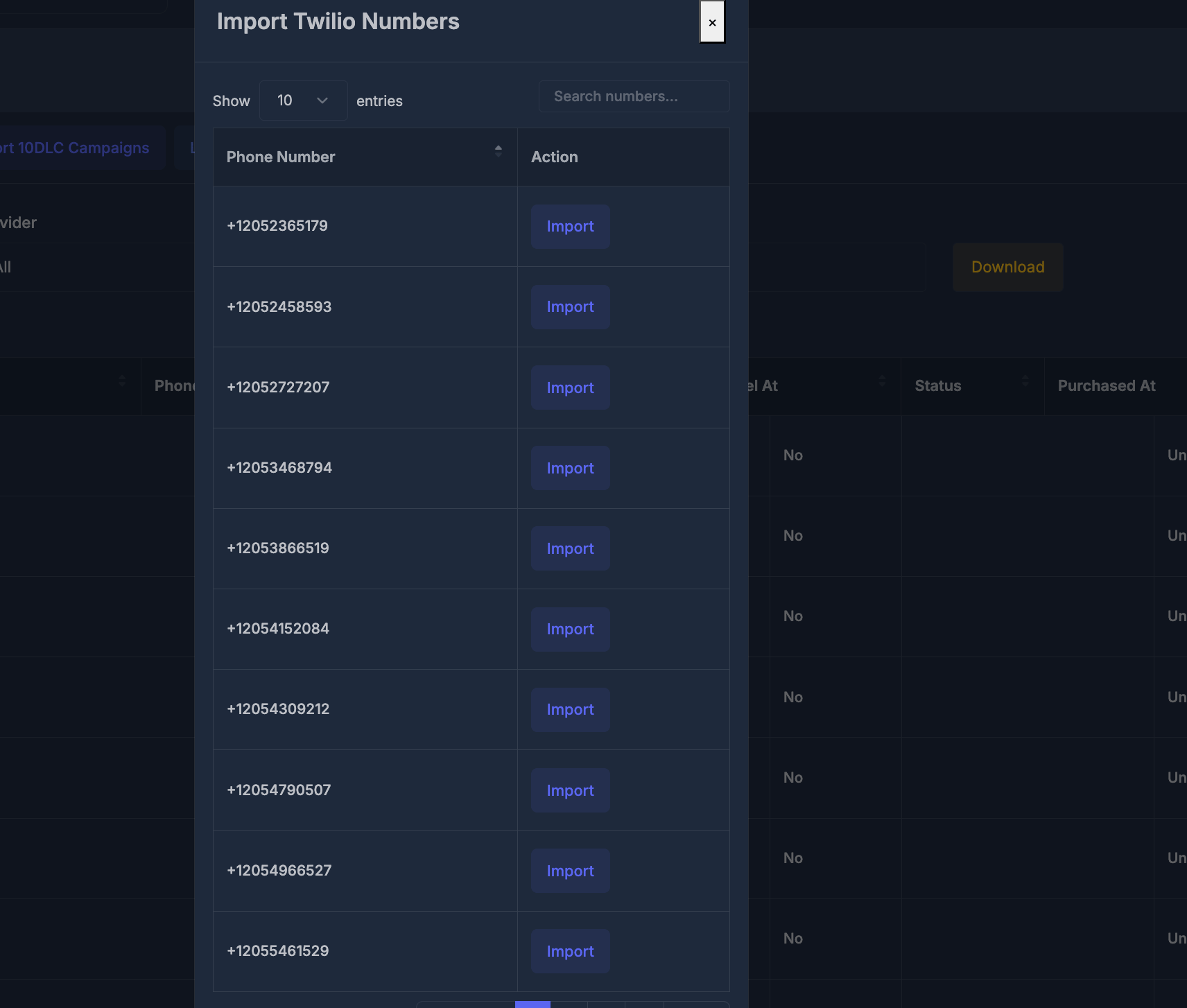 Import Twilio Numbers window with available phone numbers and Import buttons