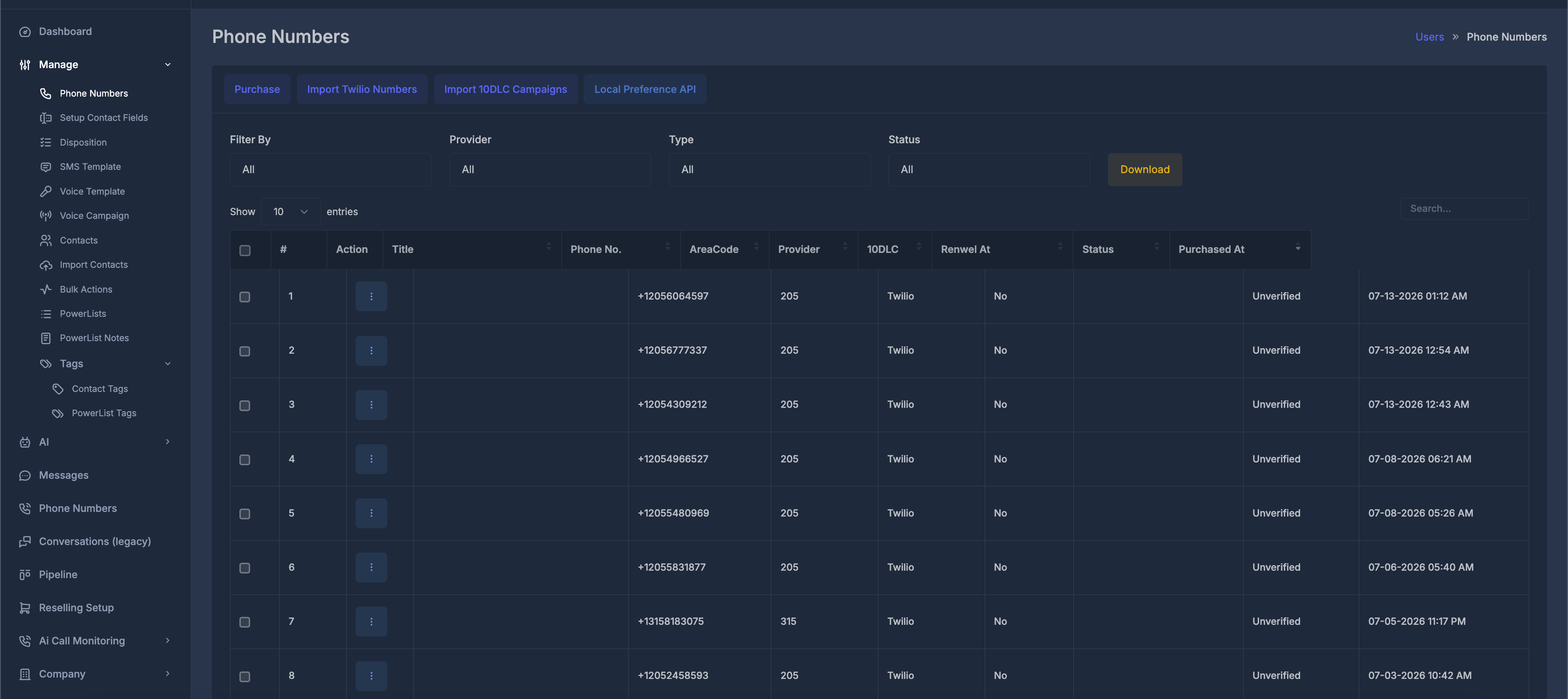 Phone Numbers page with action buttons, filters, and the phone number table