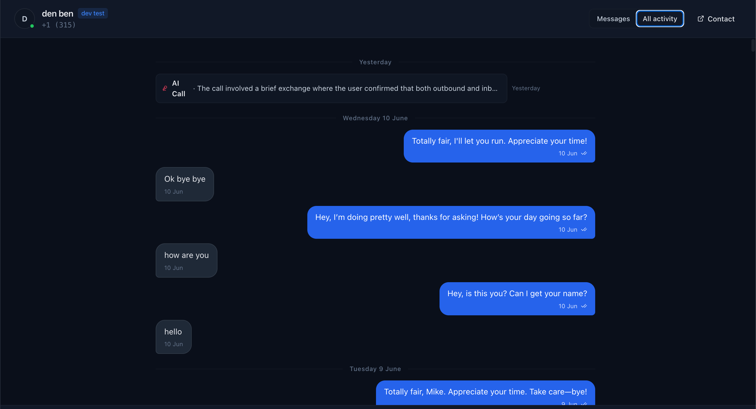 All activity tab showing SMS messages, AI calls, and other contact events