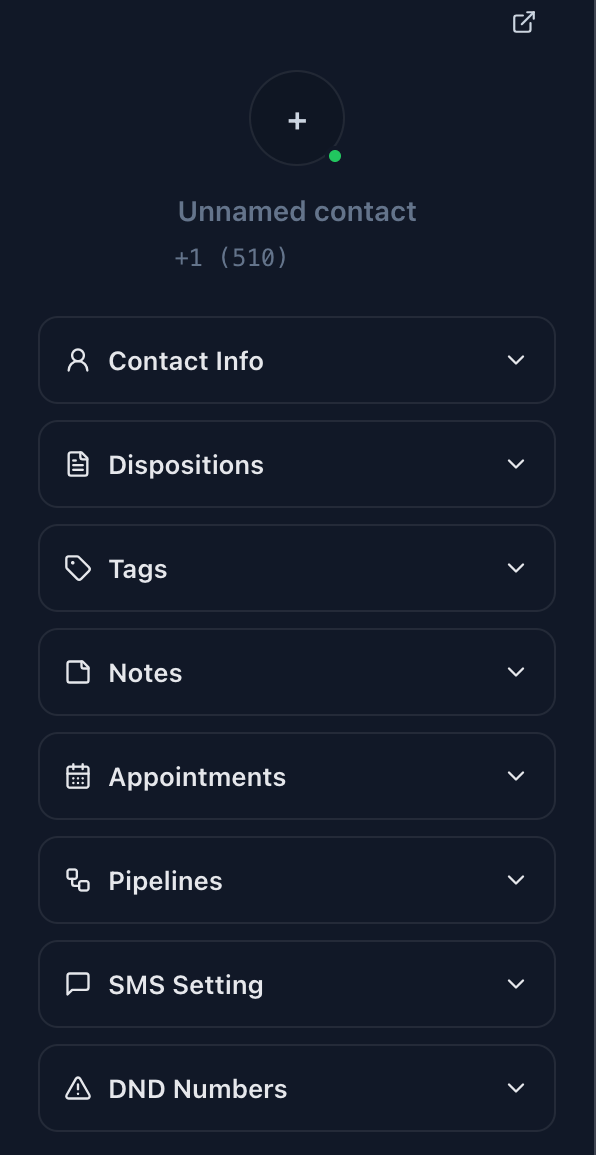 Messages contact sidebar with Contact Info, Dispositions, Tags, Notes, Appointments, Pipelines, SMS Setting, and DND Numbers