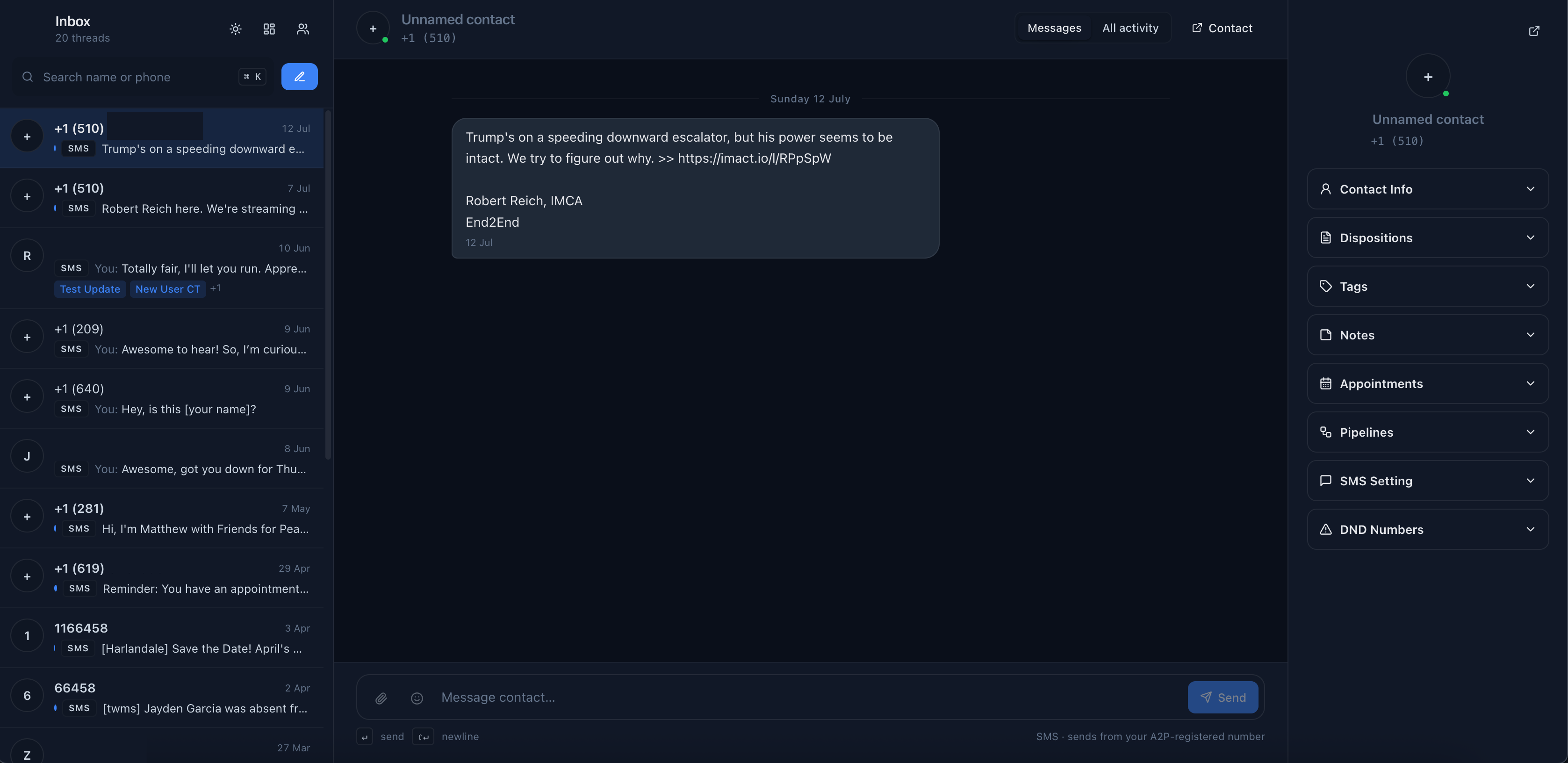 Messages inbox with conversation list on the left, SMS thread in the middle, and contact details on the right