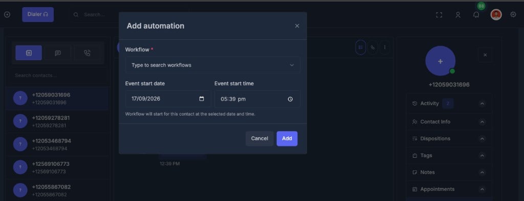 Add automation modal with workflow search, start date, and start time