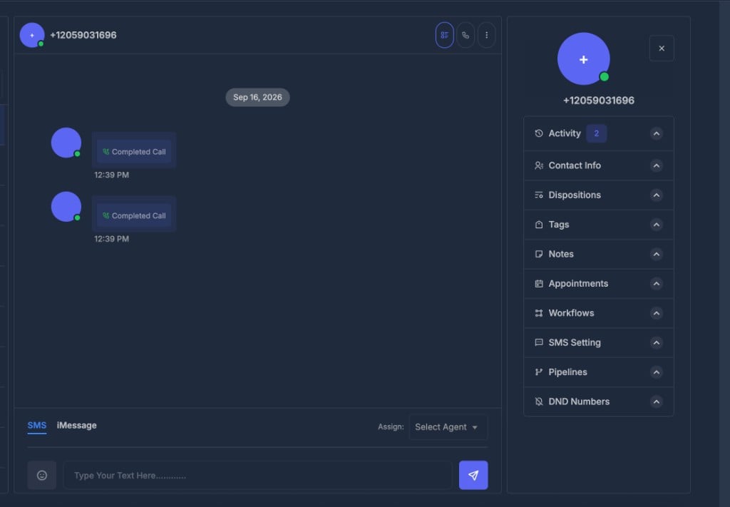 Conversations — Middle panel with conversation and send controls