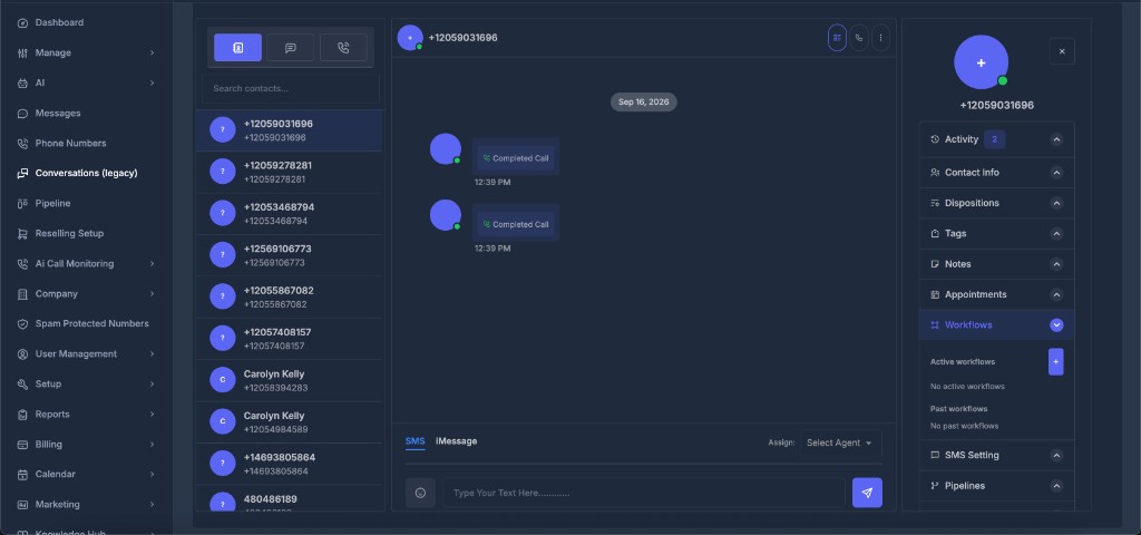 Contact sidebar Workflows section with Active workflows and Past workflows