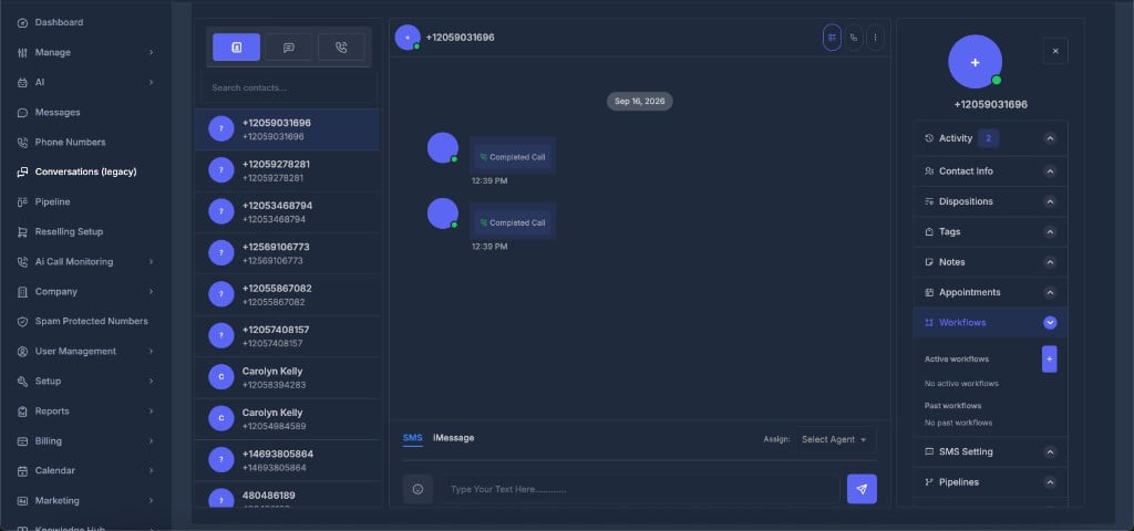 Contact sidebar Workflows section with Active workflows and Past workflows