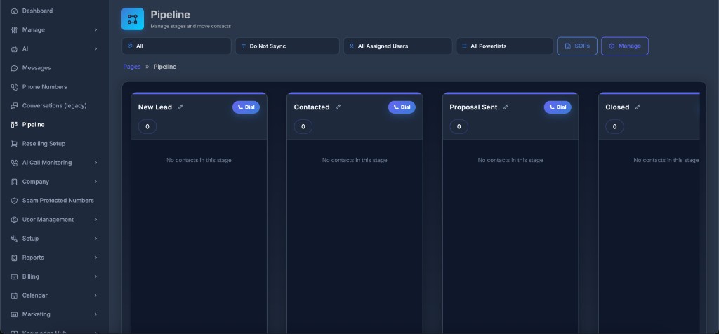 Pipeline board with location, pipeline, users, and PowerList filters plus stage columns