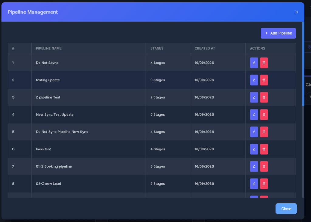 Pipeline Management list with Add Pipeline, Edit, and Delete
