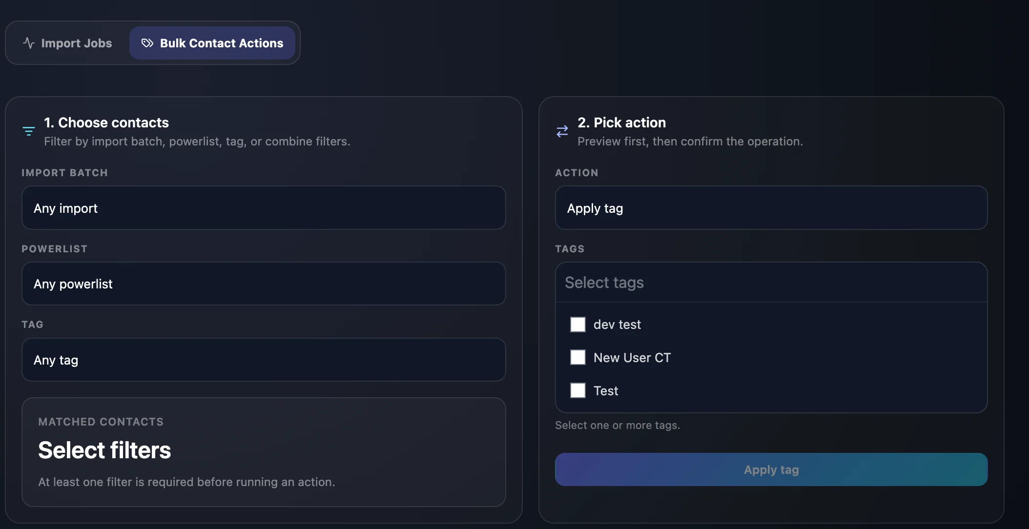 Bulk Contact Actions with contact filters and action picker