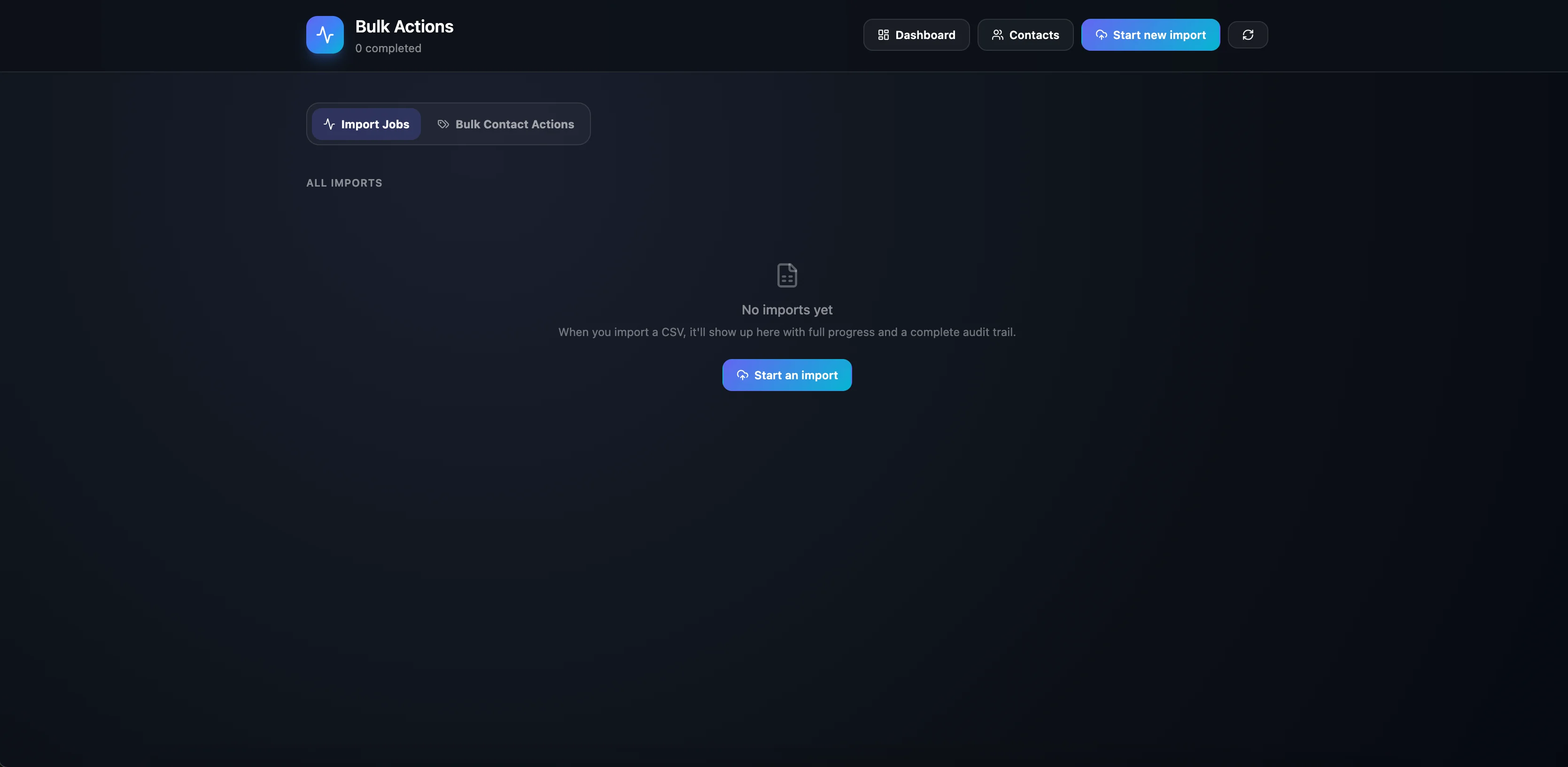 Bulk Actions page with Import Jobs tab
