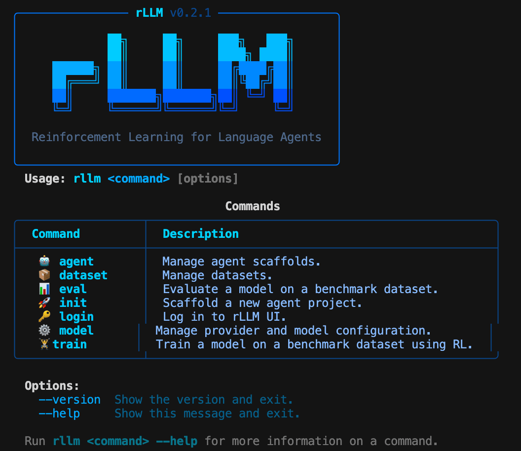 rLLM CLI showing the banner, available commands including agent, dataset, eval, init, login, model, and train, along with global options