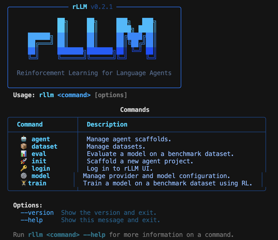 rLLM CLI showing the banner, available commands including agent, dataset, eval, init, login, model, and train, along with global options