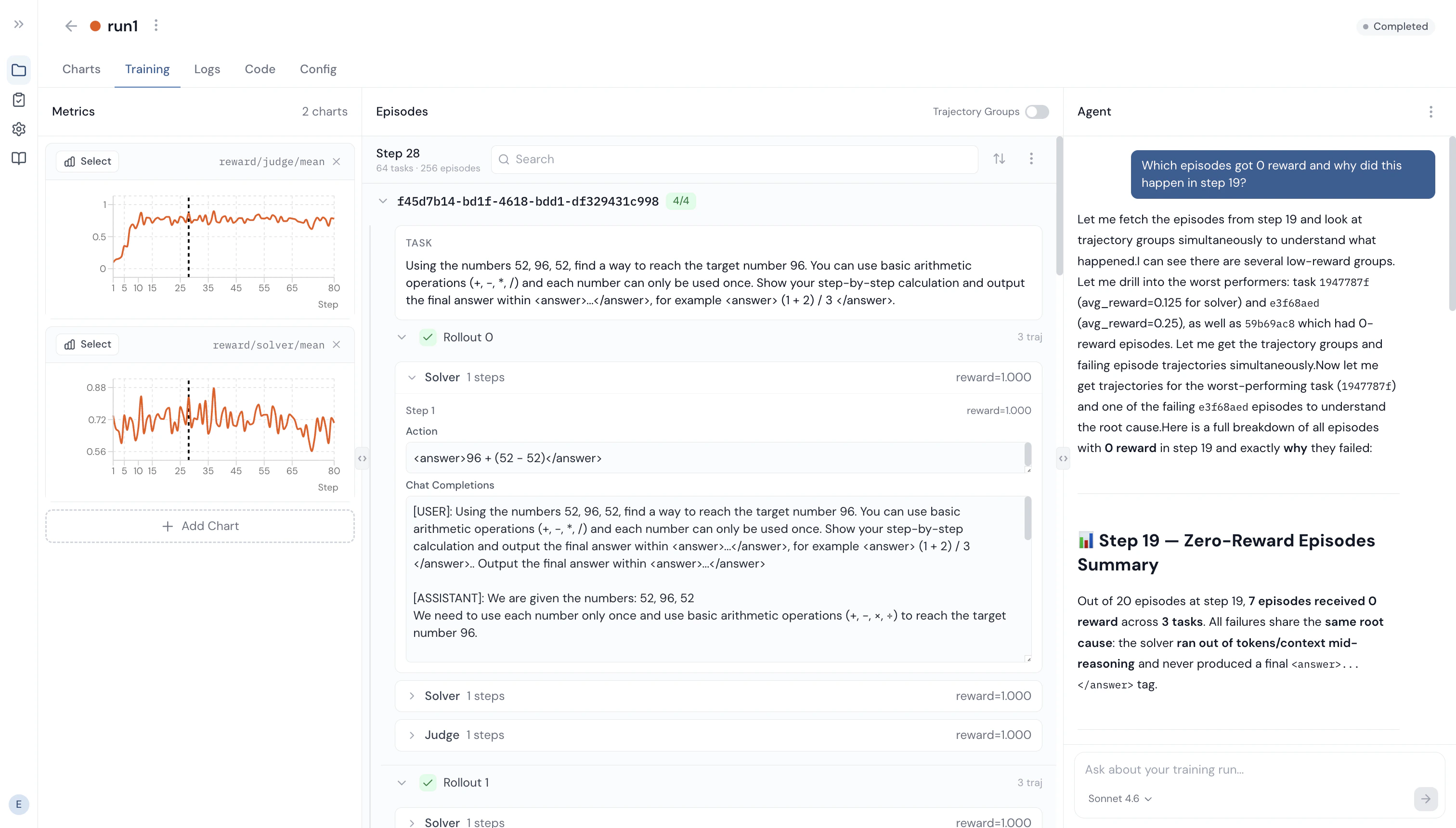 rLLM UI training overview showing real-time metrics and episode inspection